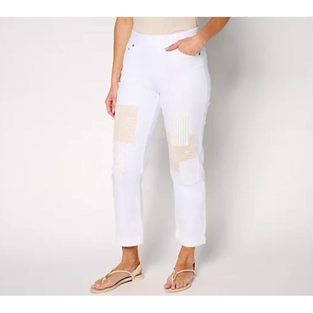 LOGO Lori Goldstein Pants Womens 6 White Boyfriend Patchwork Ankle Jeans
